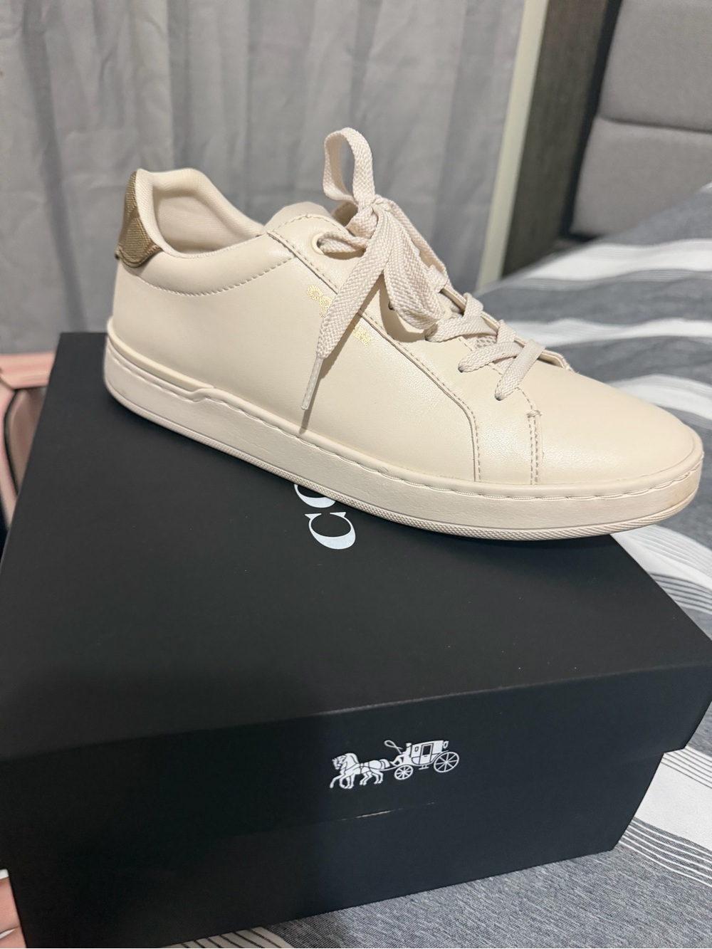 Coach Women's Cream Leather Sneakers with Gold Heel Accent